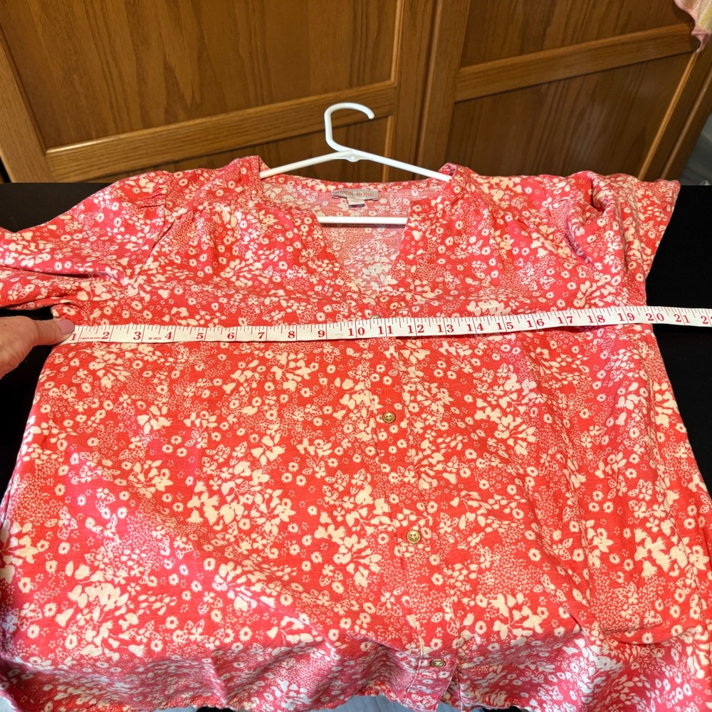 Knox Rose Oversized Small Red Floral Button Front 3/4 Sleeve Boho Blouse Top - Picture 4 of 10